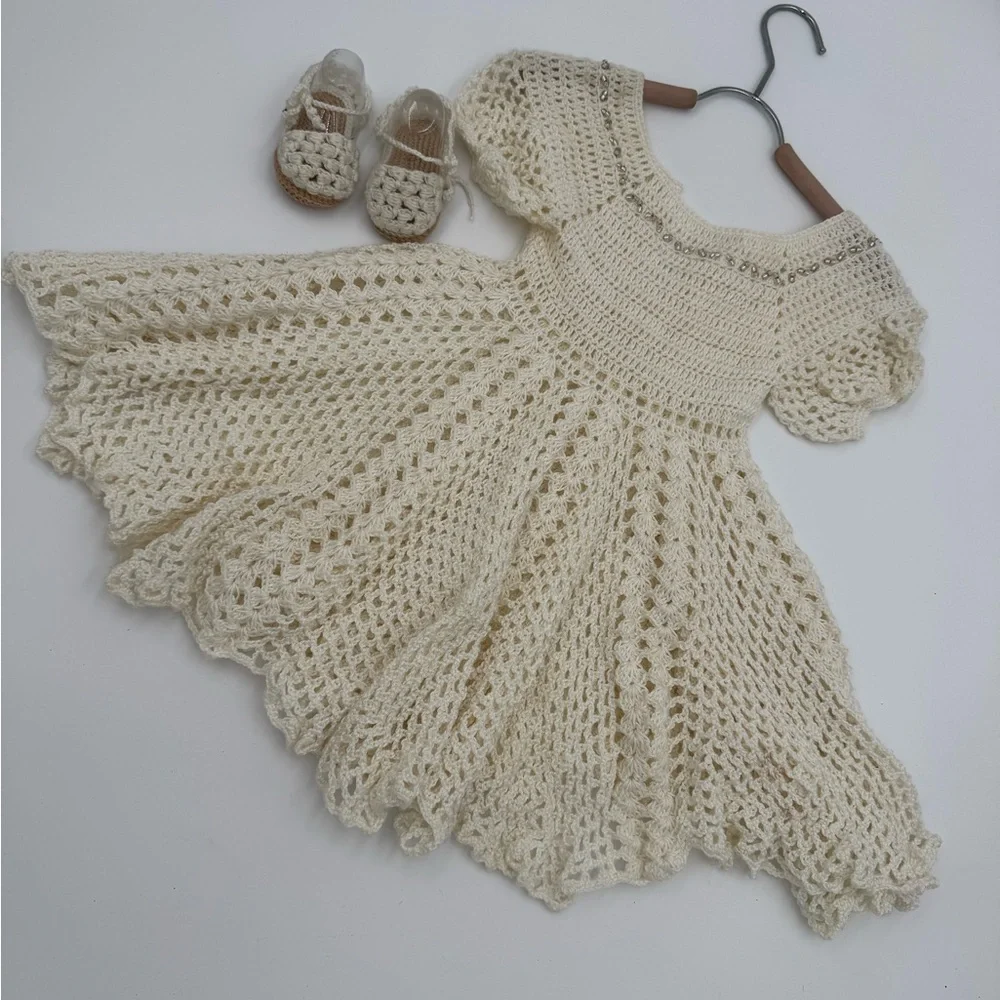 Cream Crochet Baby Dress with Shoes
